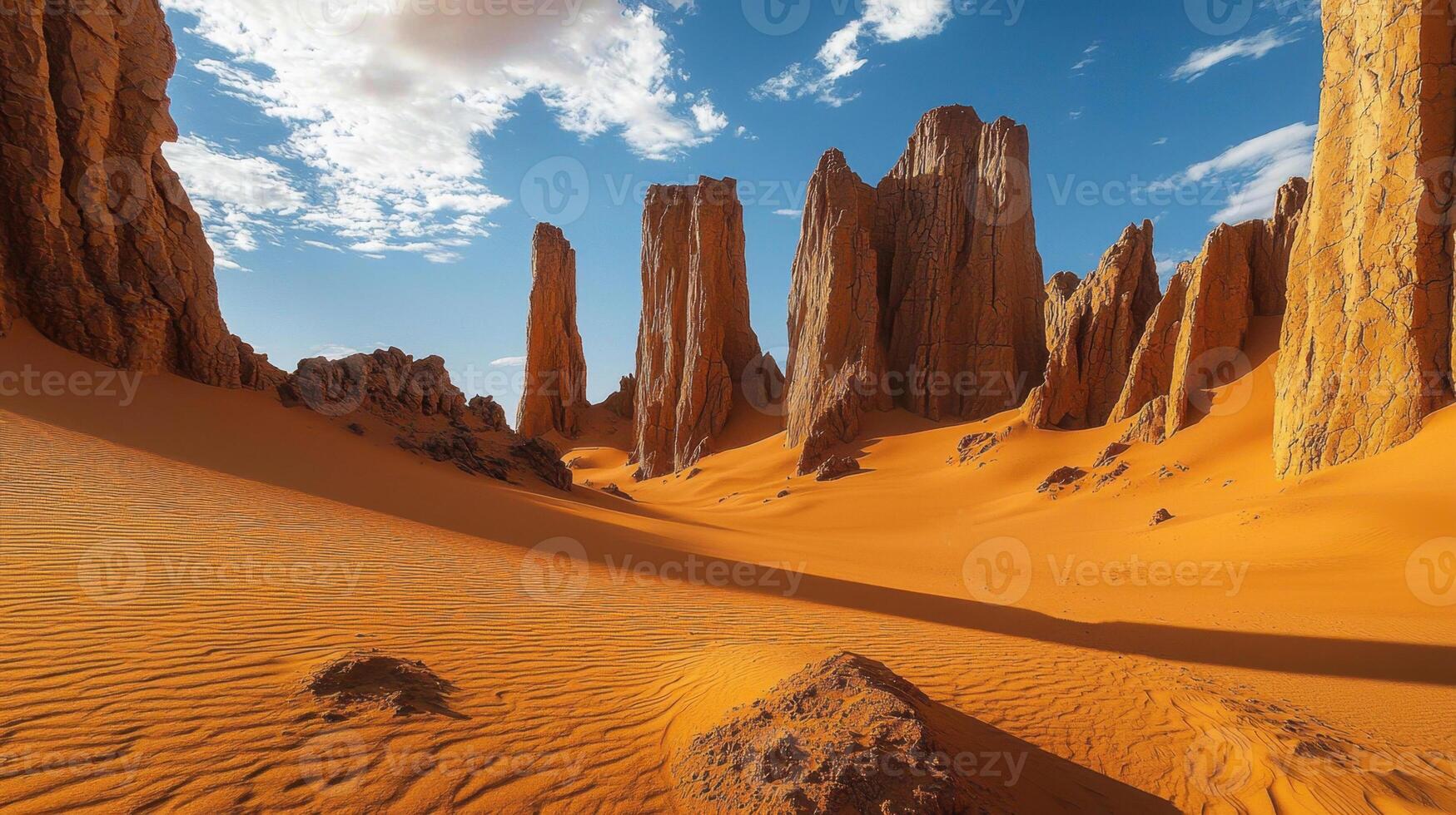 The desert is filled with tall sand dunes photo