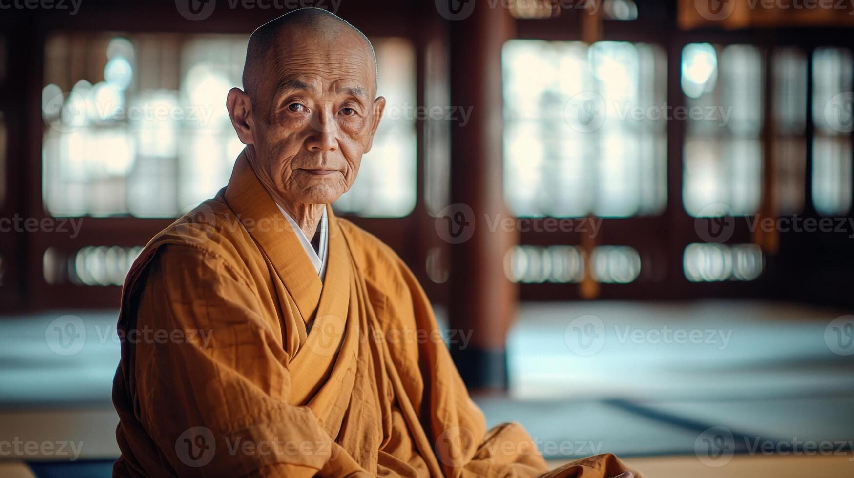 An old monk sitting in a room photo
