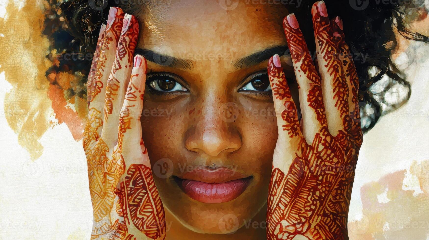 A young woman stands outdoors, expressing cultural artistry through detailed henna adornments on her hands. She partially covers her face, radiating confidence and beauty photo