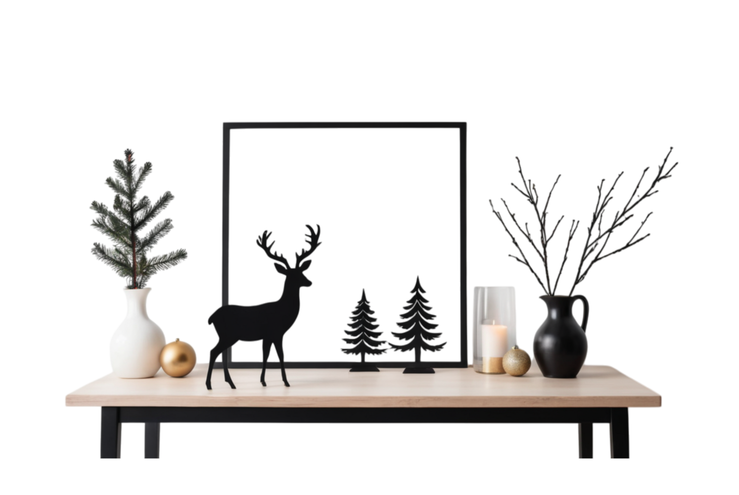 Mockup black poster frame with Christmas decoration in home interior on wall png