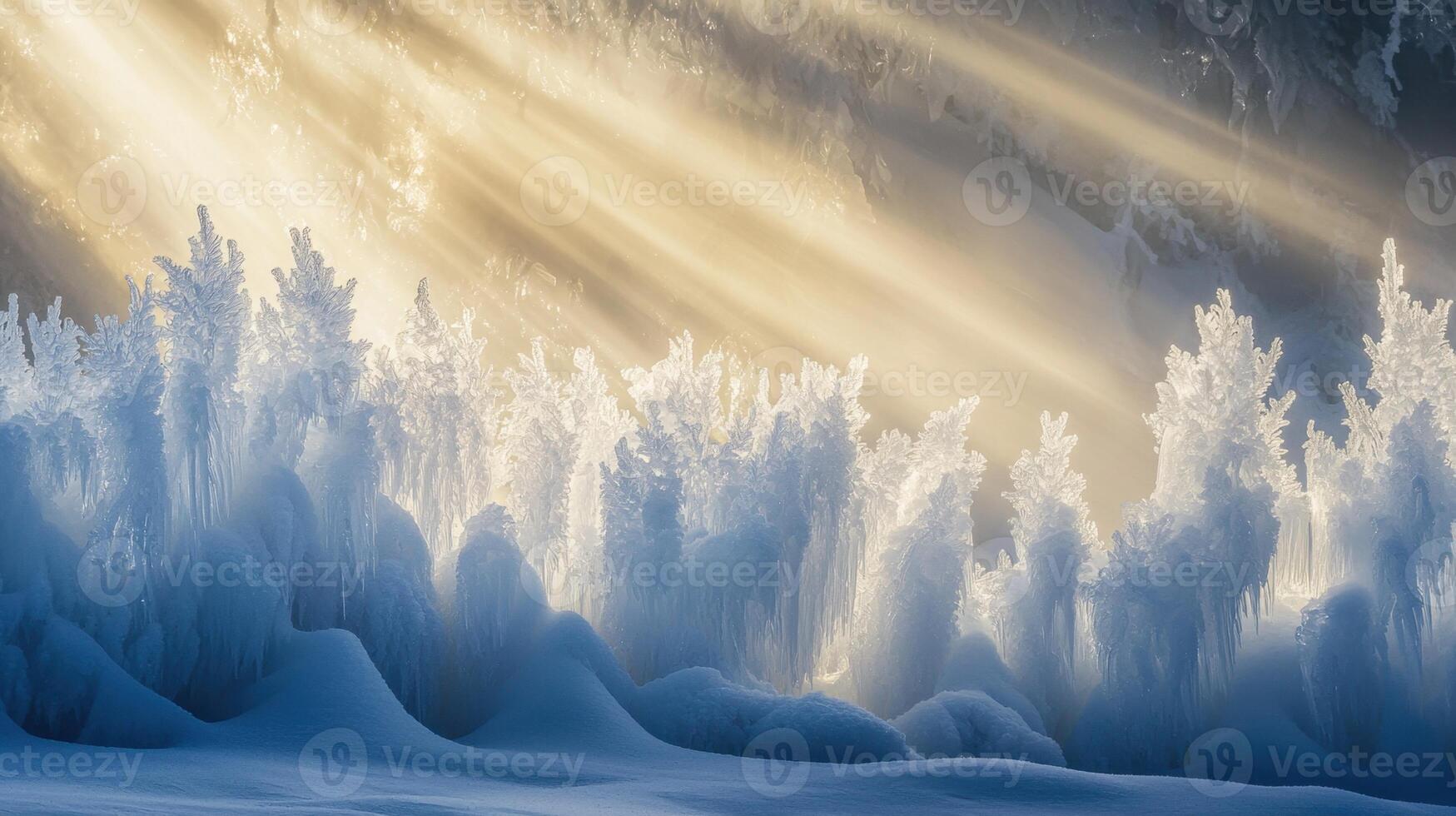 Soft rays of sunlight break through a serene frozen landscape, illuminating crystalline ice formations and snow. It captures the tranquil beauty of winter morning light photo