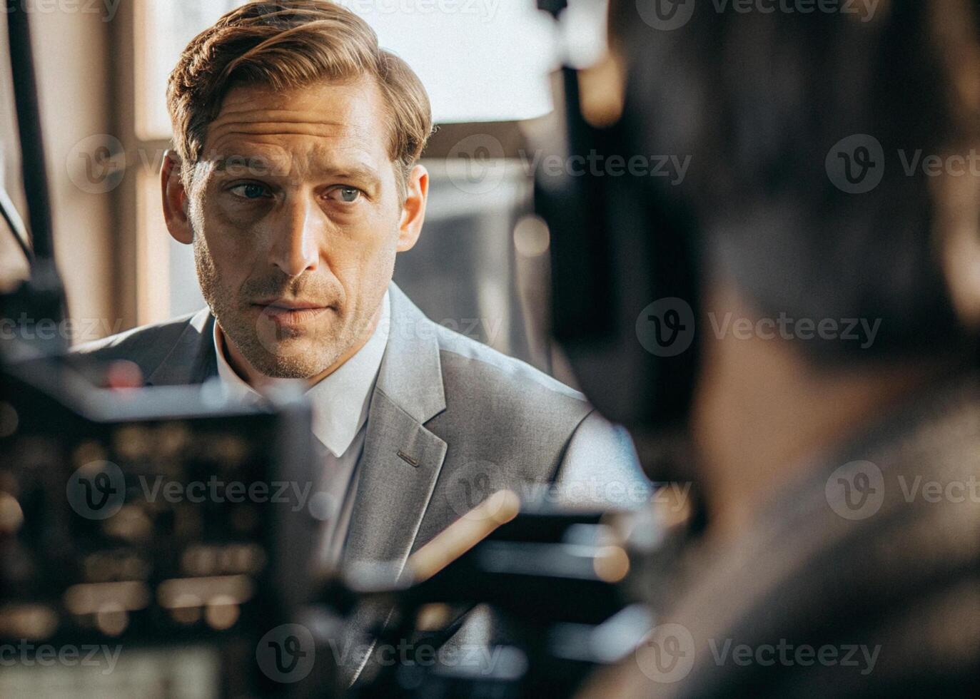man in a suit is looking at a camera photo