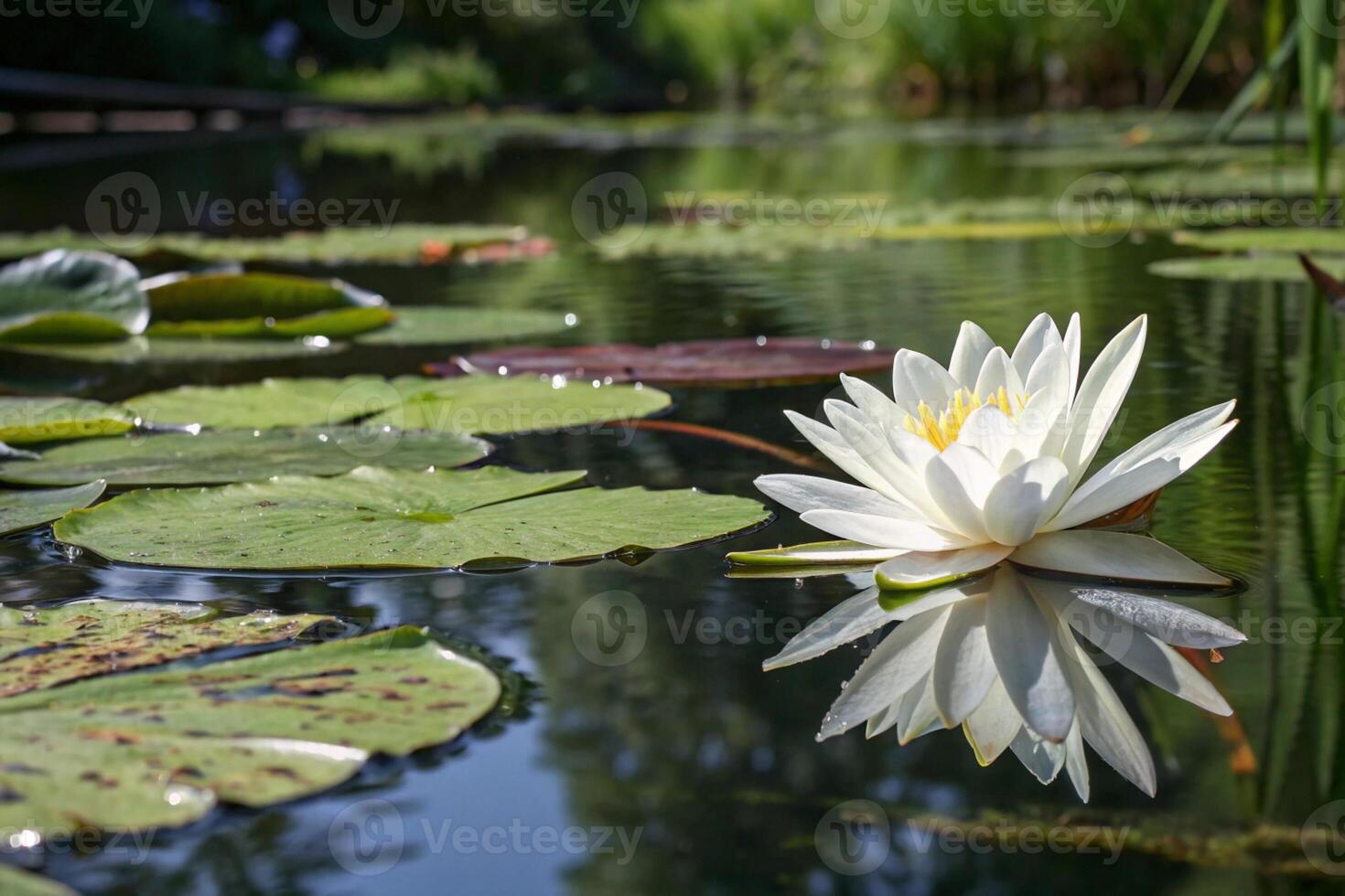 a white water lily floating in a pond photo