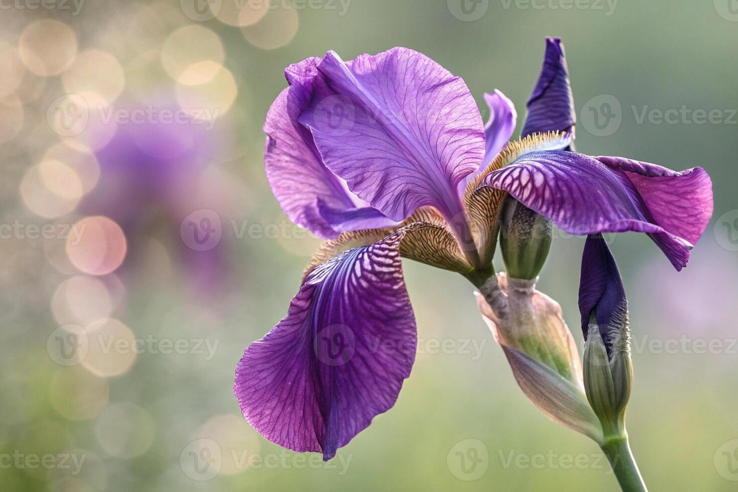 a purple iris flower is in front of a blurry background photo