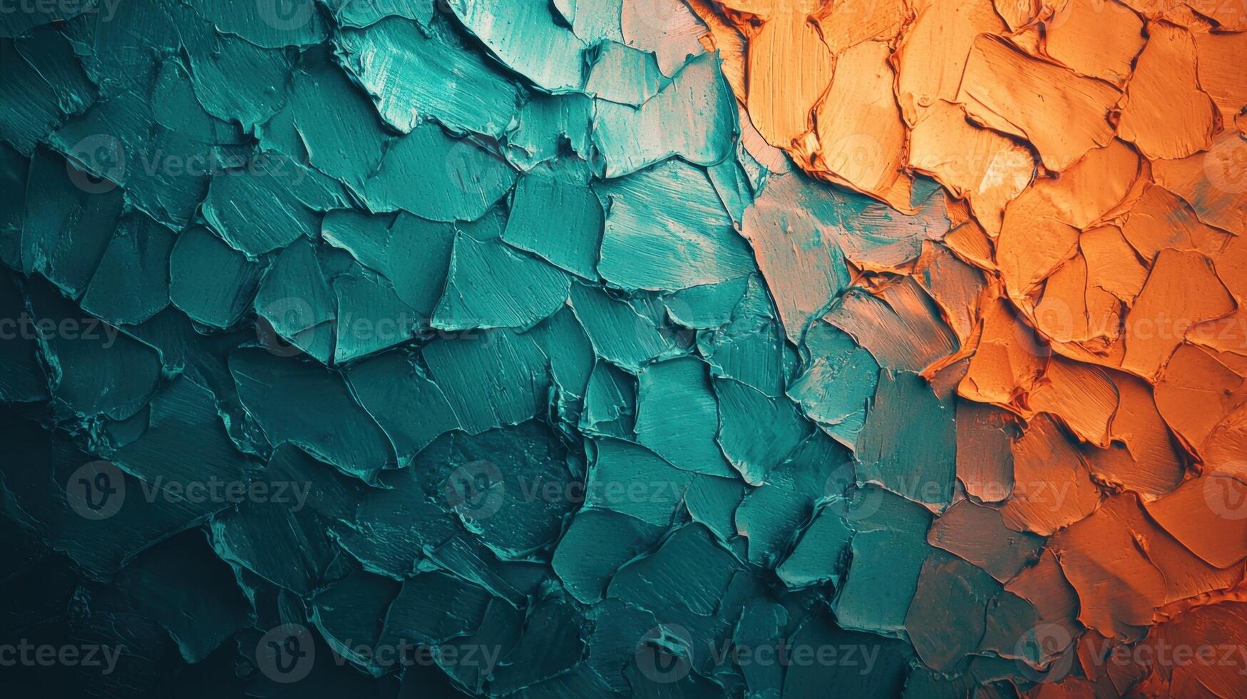 Swathes of teal and orange paint create a dynamic texture on a canvas, showcasing an artistic blend of colors. The surface has a layered, tactile appearance, inviting touch photo