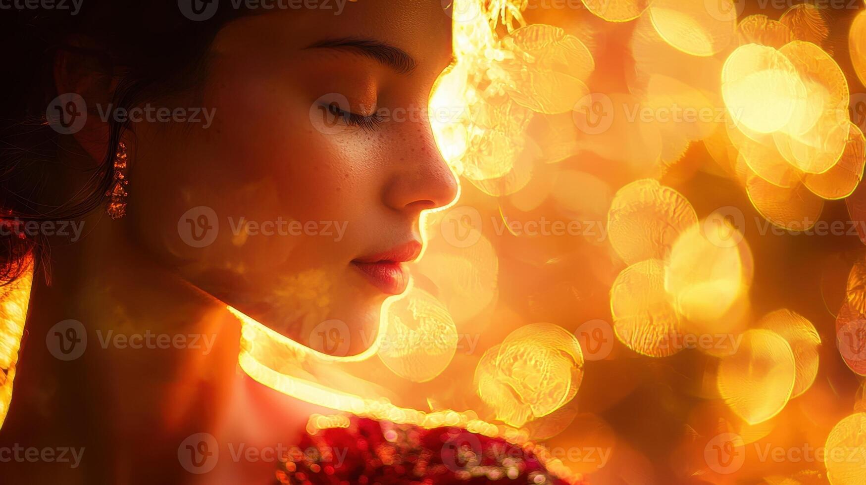 A woman in a red dress is looking into the distance photo