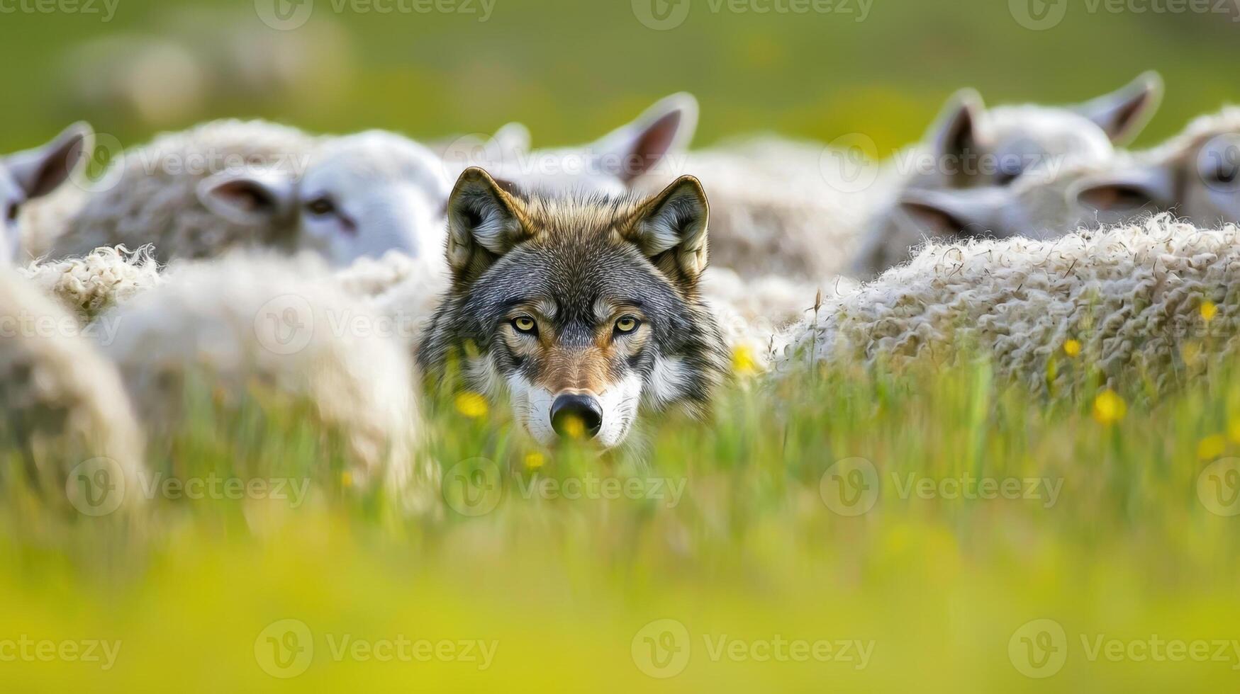 Wolf and sheep in the field photo