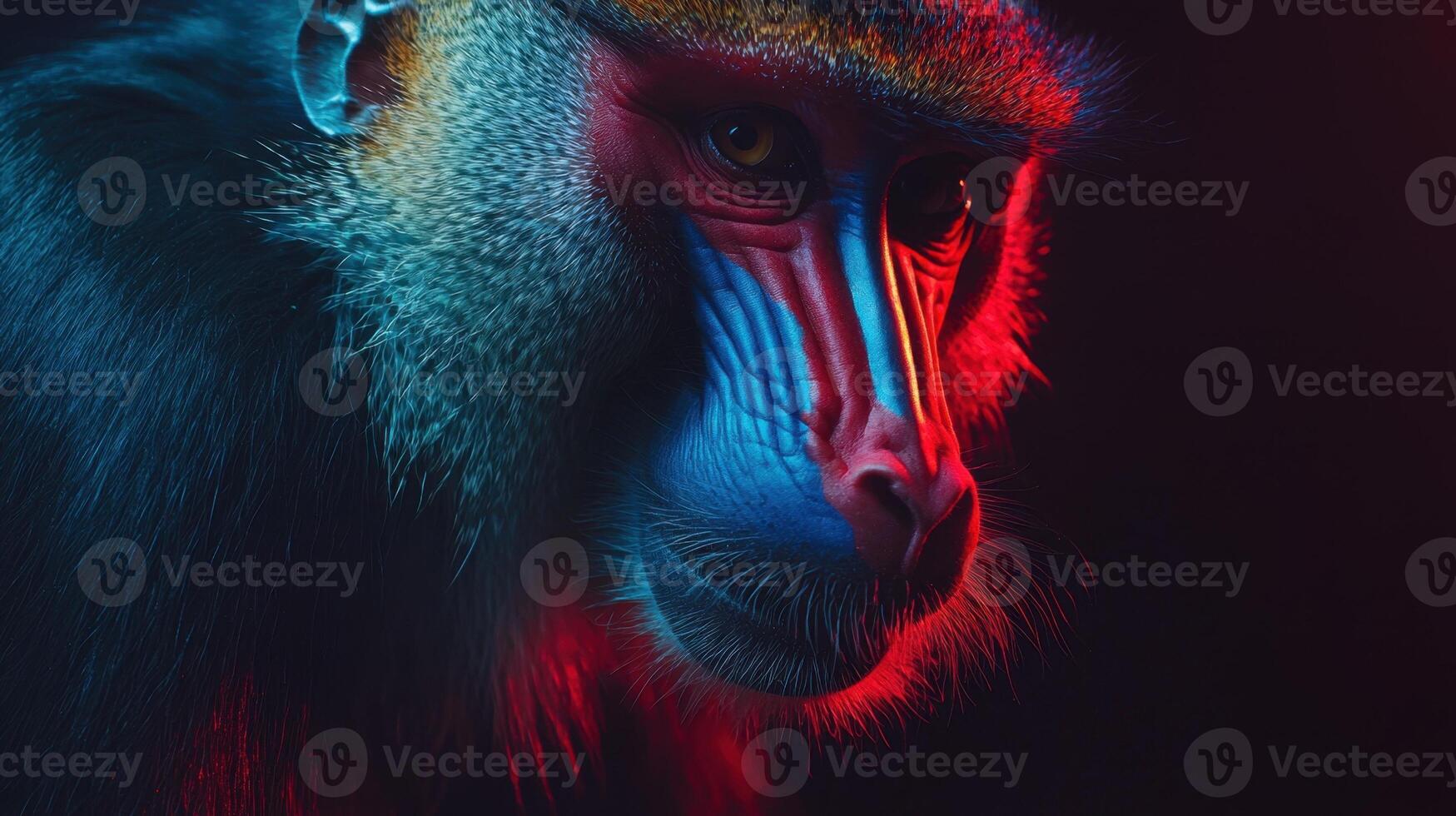 A colorful monkey with a red and blue face photo