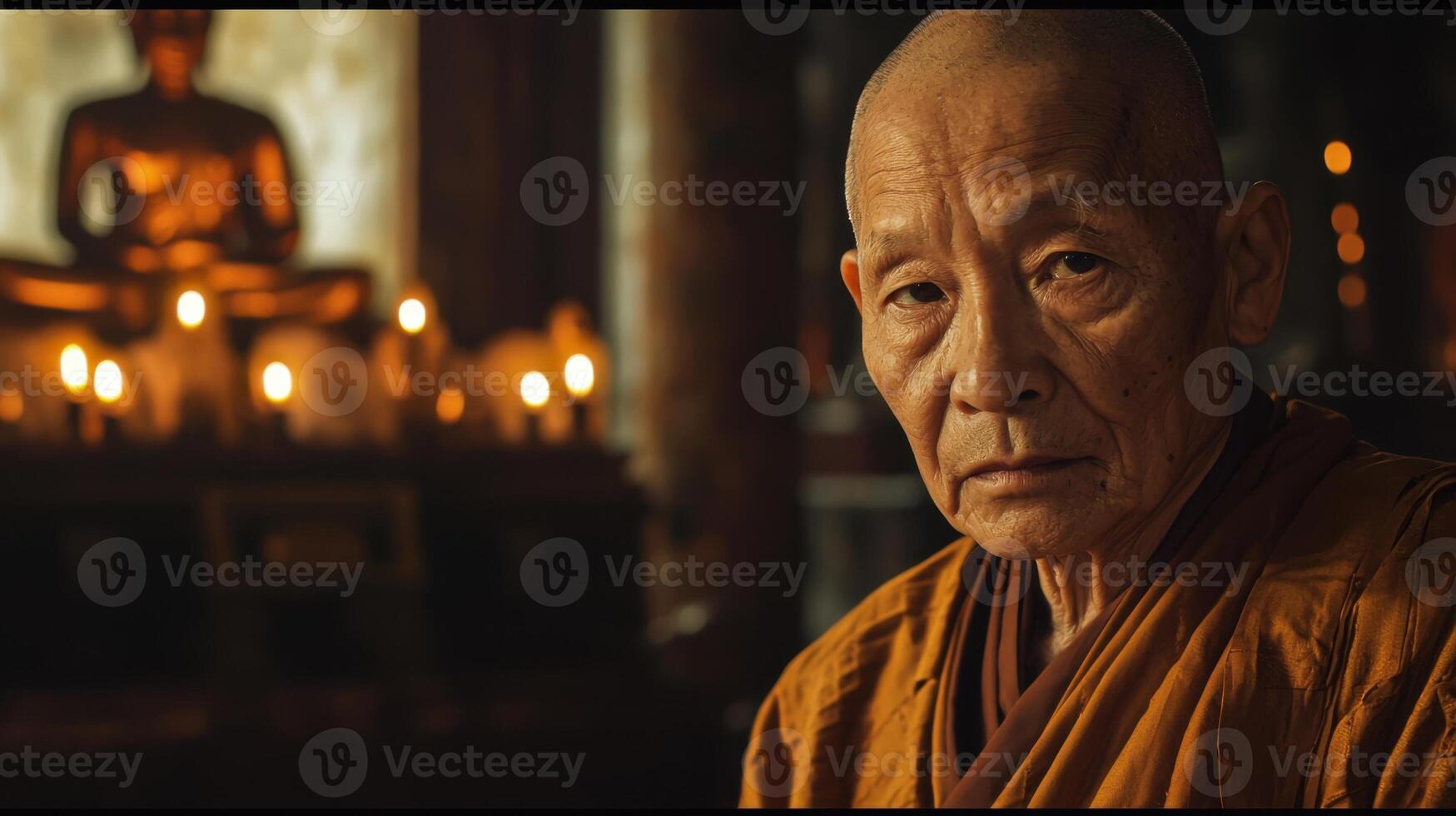 An old monk is sitting in front of candles photo