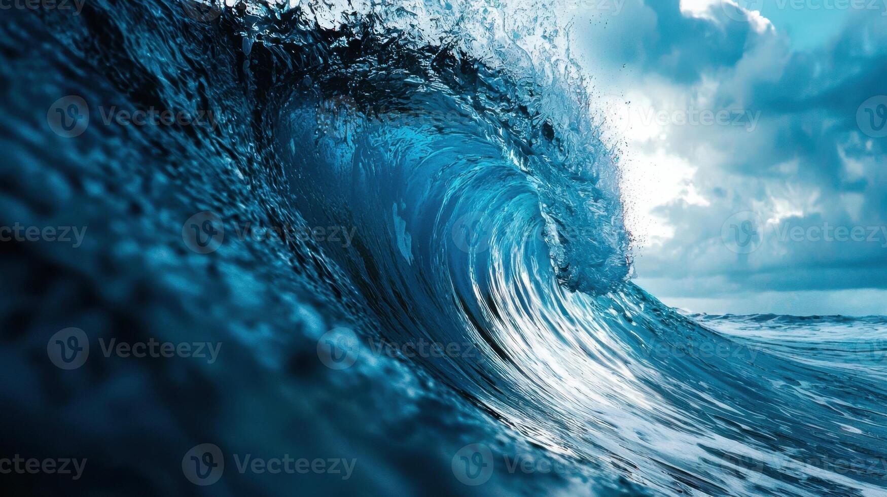 Powerful wave curls dramatically before crashing onto the sandy beach, surrounded by a moody sky. The scene captures the beauty and energy of nature at twilight photo