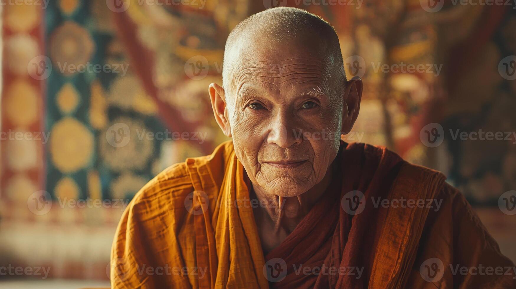 An old monk sitting in a room photo