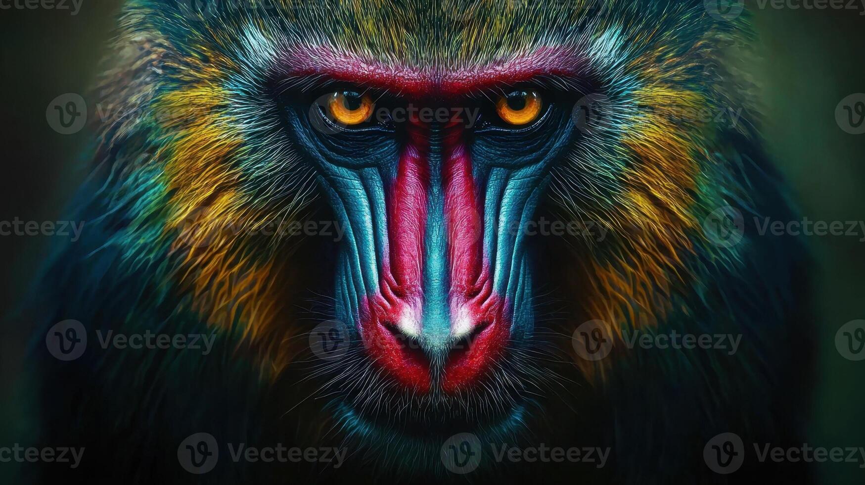 A close up of a colorful baboon's face photo