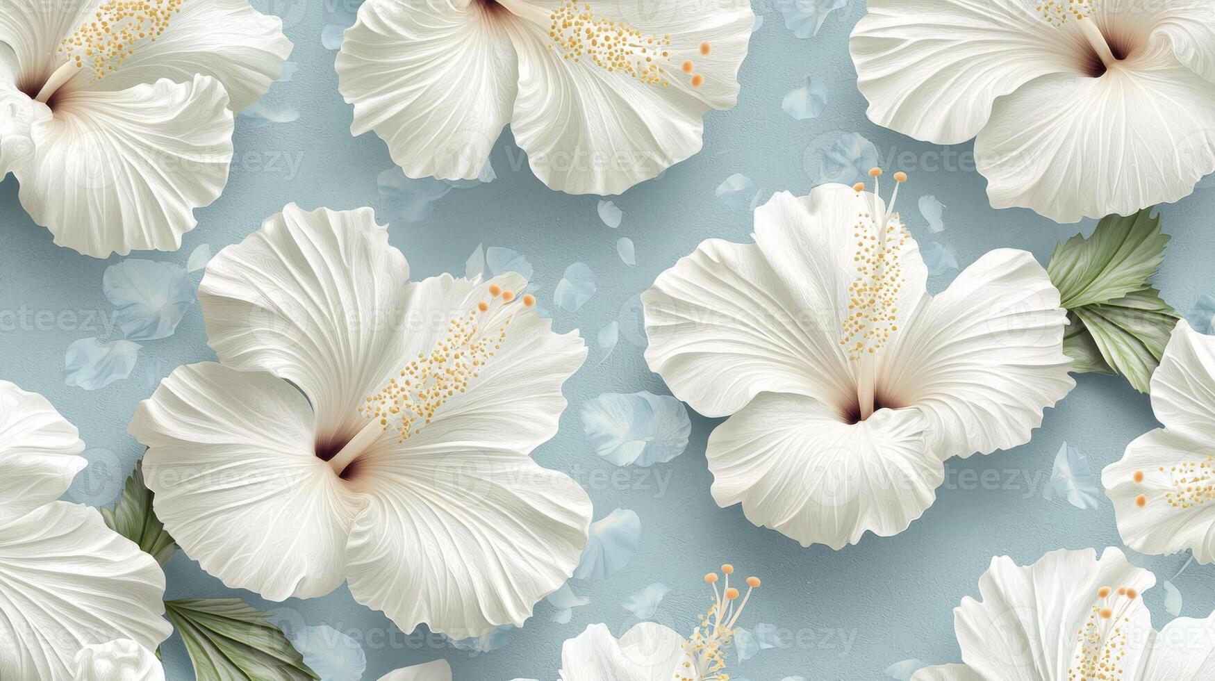 White hibiscus flowers on blue background photo