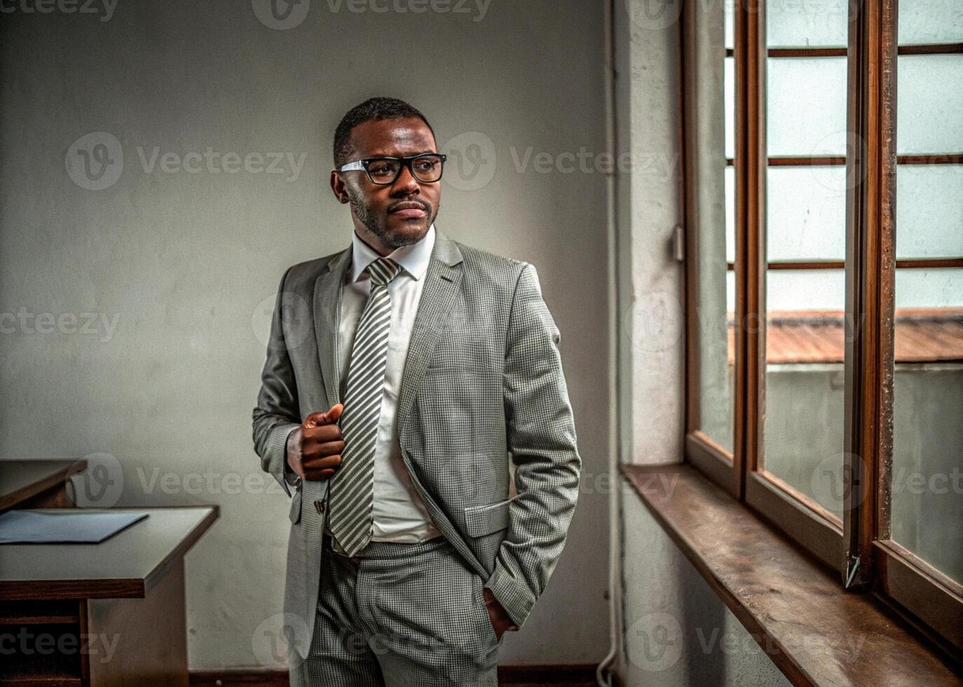 a man in a suit and tie standing in front of a window photo