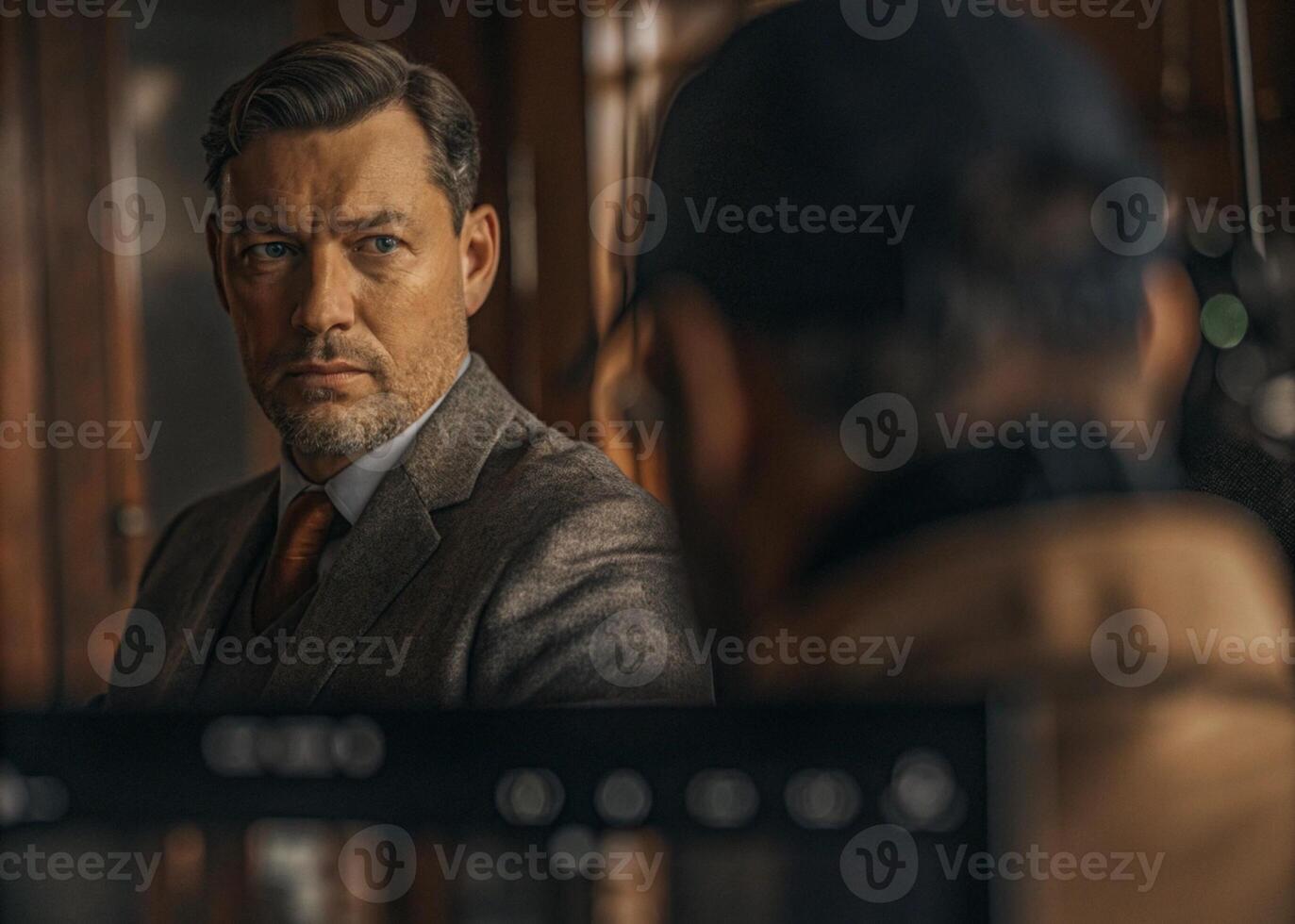 a man in a suit and tie looking at a camera photo