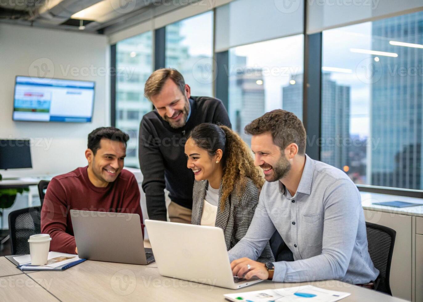 three people working on laptops in a office photo