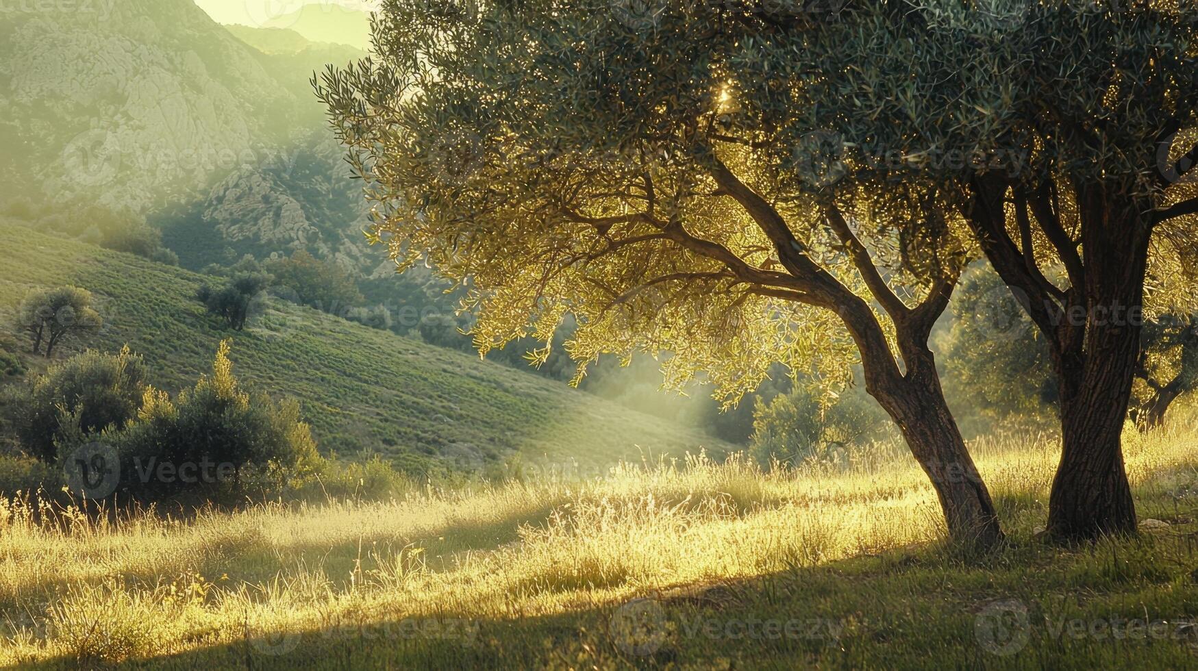 A tree in a field with the sun shining through it photo