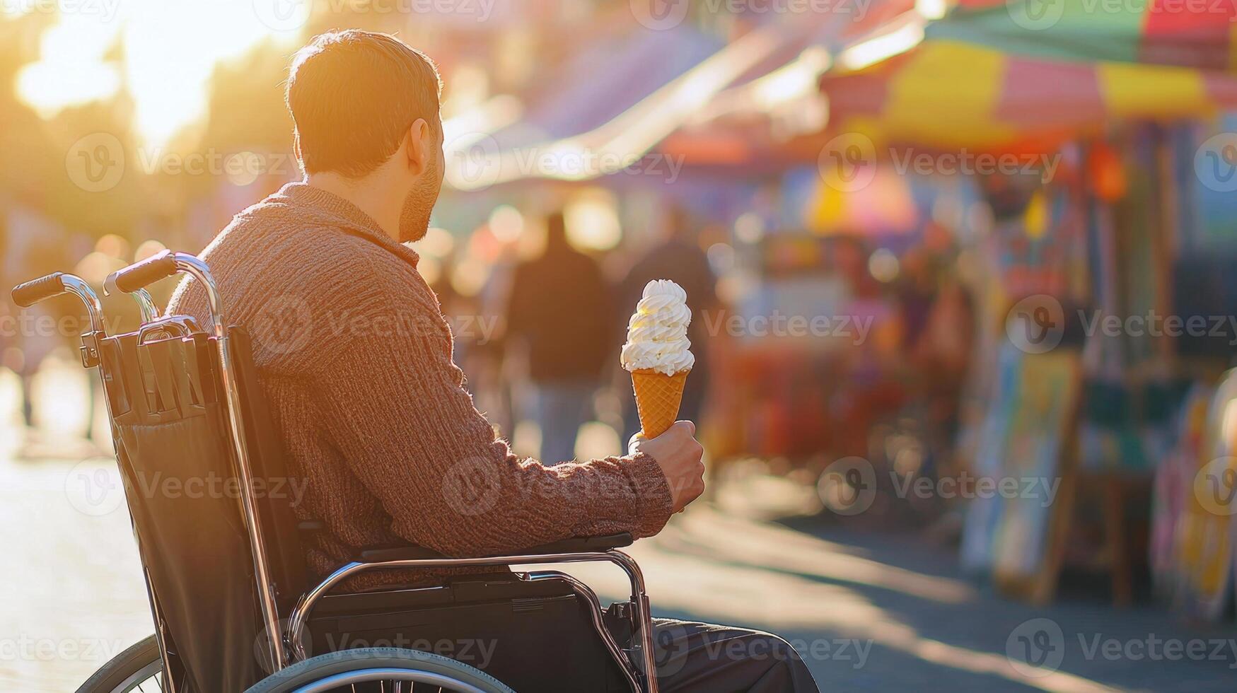 A man in a wheelchair eating an ice cream cone photo