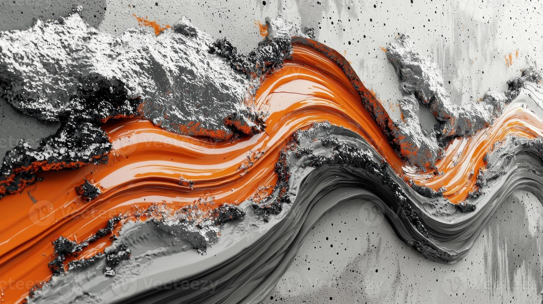 An abstract composition showcases vibrant orange waves flowing over textured gray and black surfaces. This artwork captures dynamic movement and energy in an art studio photo