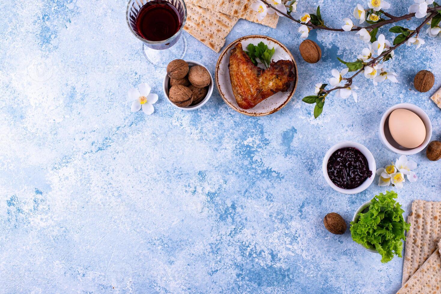 Traditional Passover Seder plate with symbolic foods. Symbolic of Jewish holiday Pesah. photo