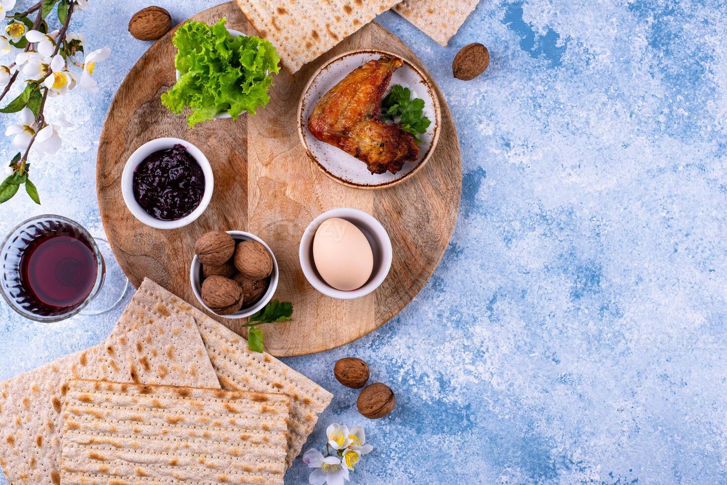 Traditional Passover Seder plate with symbolic foods. Symbolic of Jewish holiday Pesah. photo