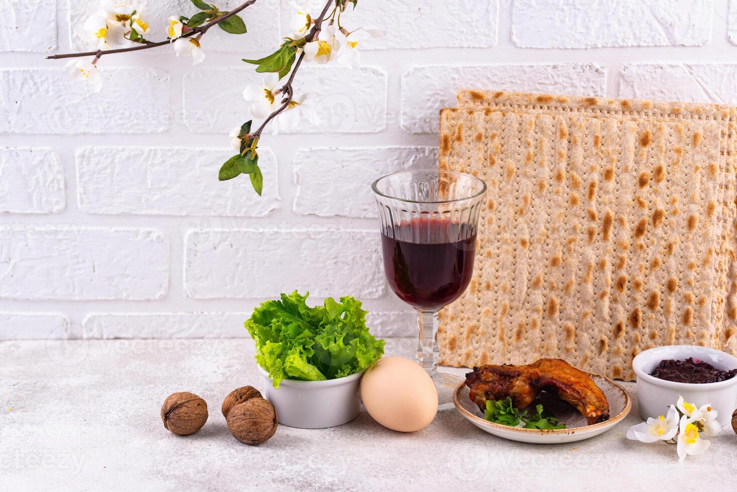 Traditional Passover Seder plate with symbolic foods. Symbolic of Jewish holiday Pesach. photo