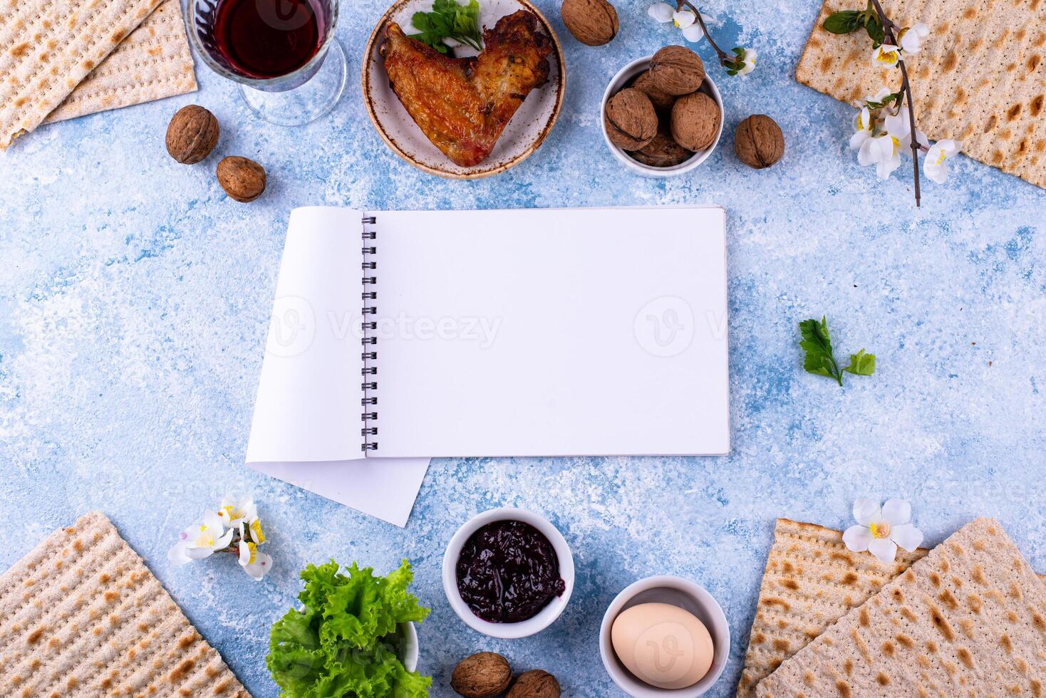 Traditional Passover Seder plate with symbolic foods. Symbolic of Jewish holiday Pesah. photo