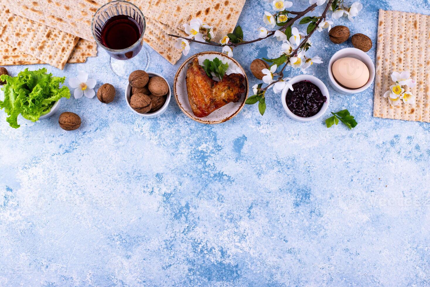 Traditional Passover Seder plate with symbolic foods. Symbolic of Jewish holiday Pesah. photo
