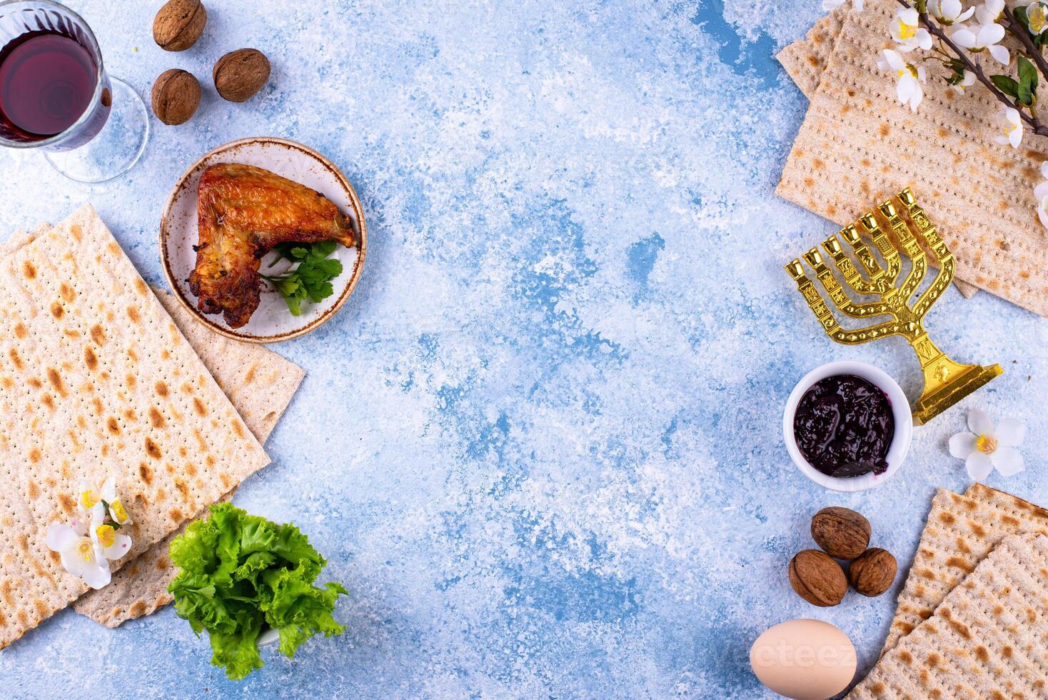 Traditional Passover Seder plate with symbolic foods. Symbolic of Jewish holiday Pesah. photo