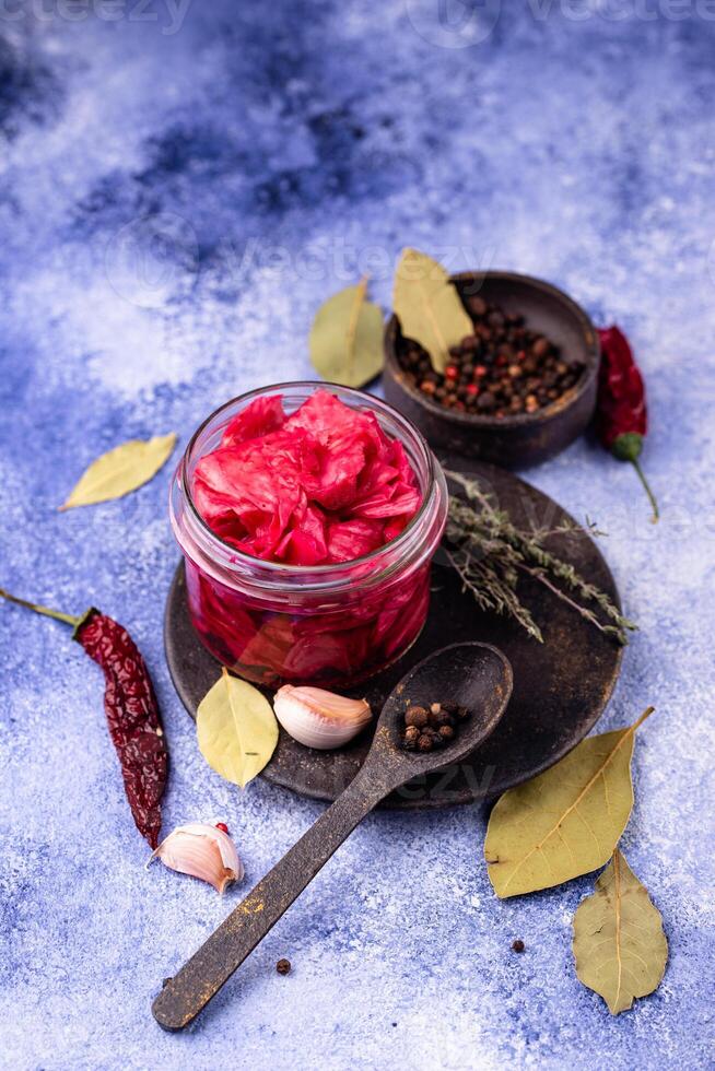 Healthy homemade fermented food in jars photo