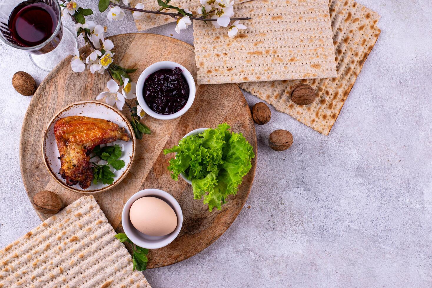 Traditional Passover Seder plate with symbolic foods. Symbolic of Jewish holiday Pesah. photo