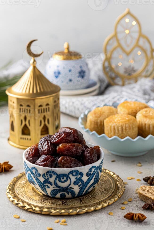 Bowl Of Dates On Table Blue and White Dish with Dates photo
