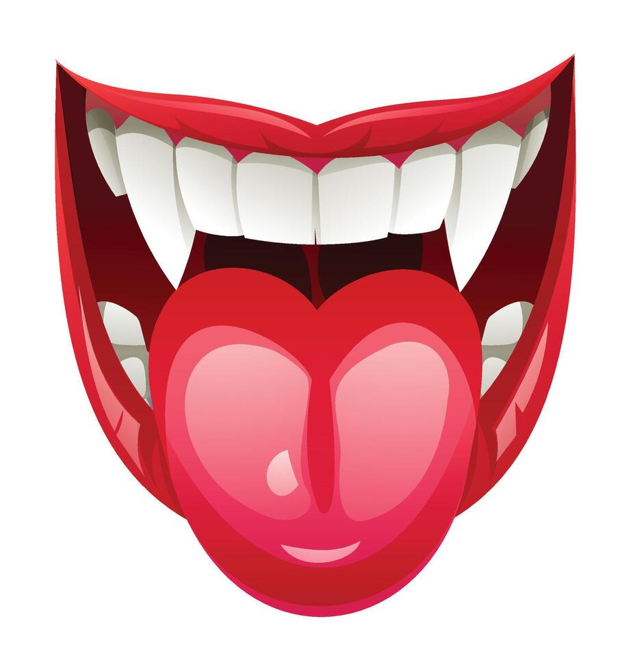 Dracula's mouth with wide smile, showing teeth with fangs and tongue. Cartoon illustration vector