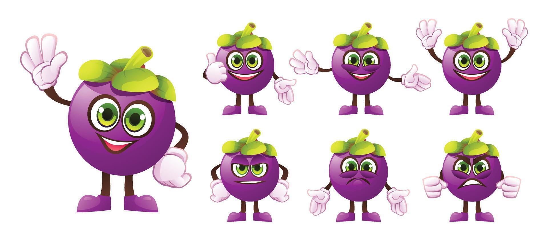 Set of cartoon mangosteen characters with different facial expressions and hand gestures. Illustration vector