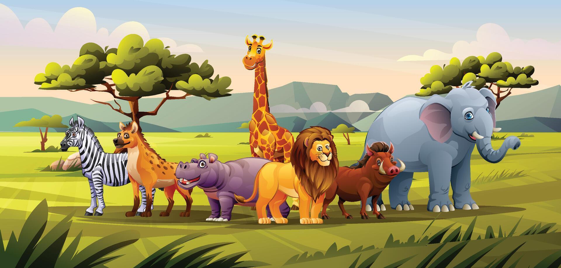 A group of animals including a giraffe, lion, zebra, hippo, and elephant standing together in savanna with a clear sky. Cartoon illustration vector