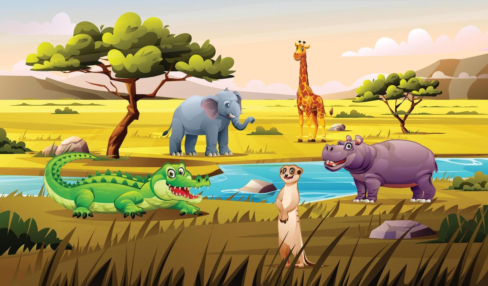 A crocodile, elephant, giraffe, hippo, and meerkat in savanna landscape with trees and a river. Cartoon illustration vector