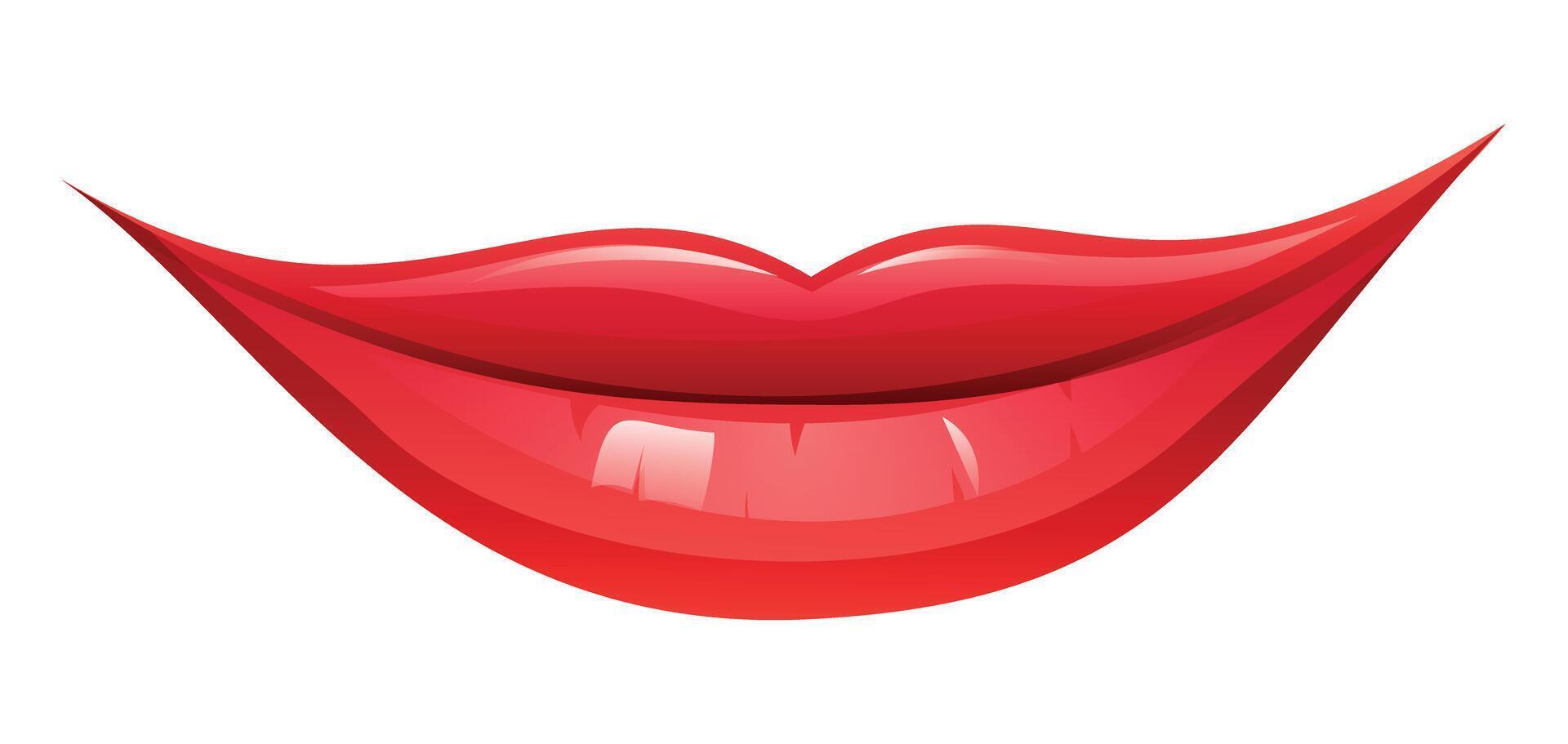 Red smiling mouth with glossy lips, wide and cheerful. cartoon illustration vector