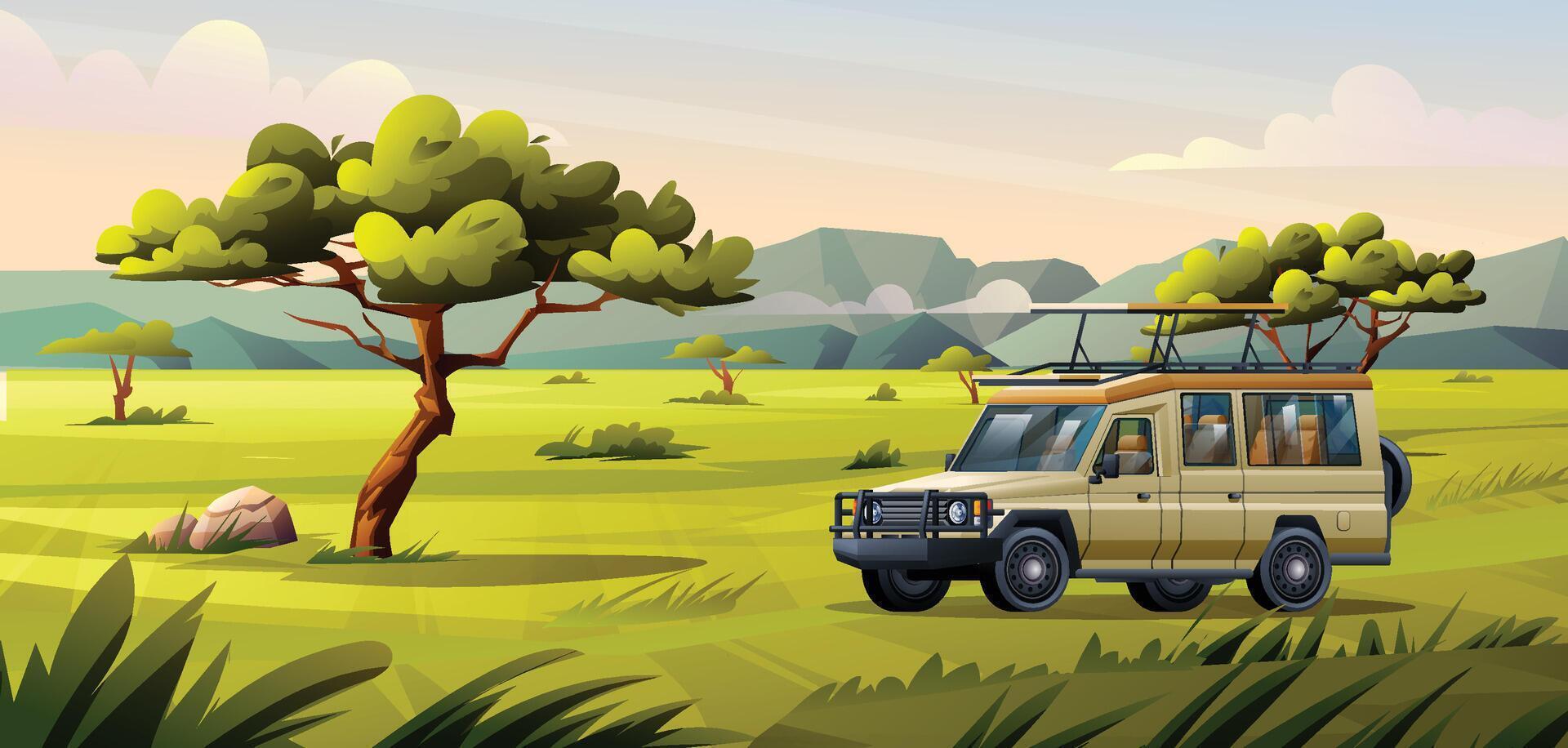 Safari vehicle driving through the vast savanna landscape with trees, rocks, and open fields. Cartoon illustration vector