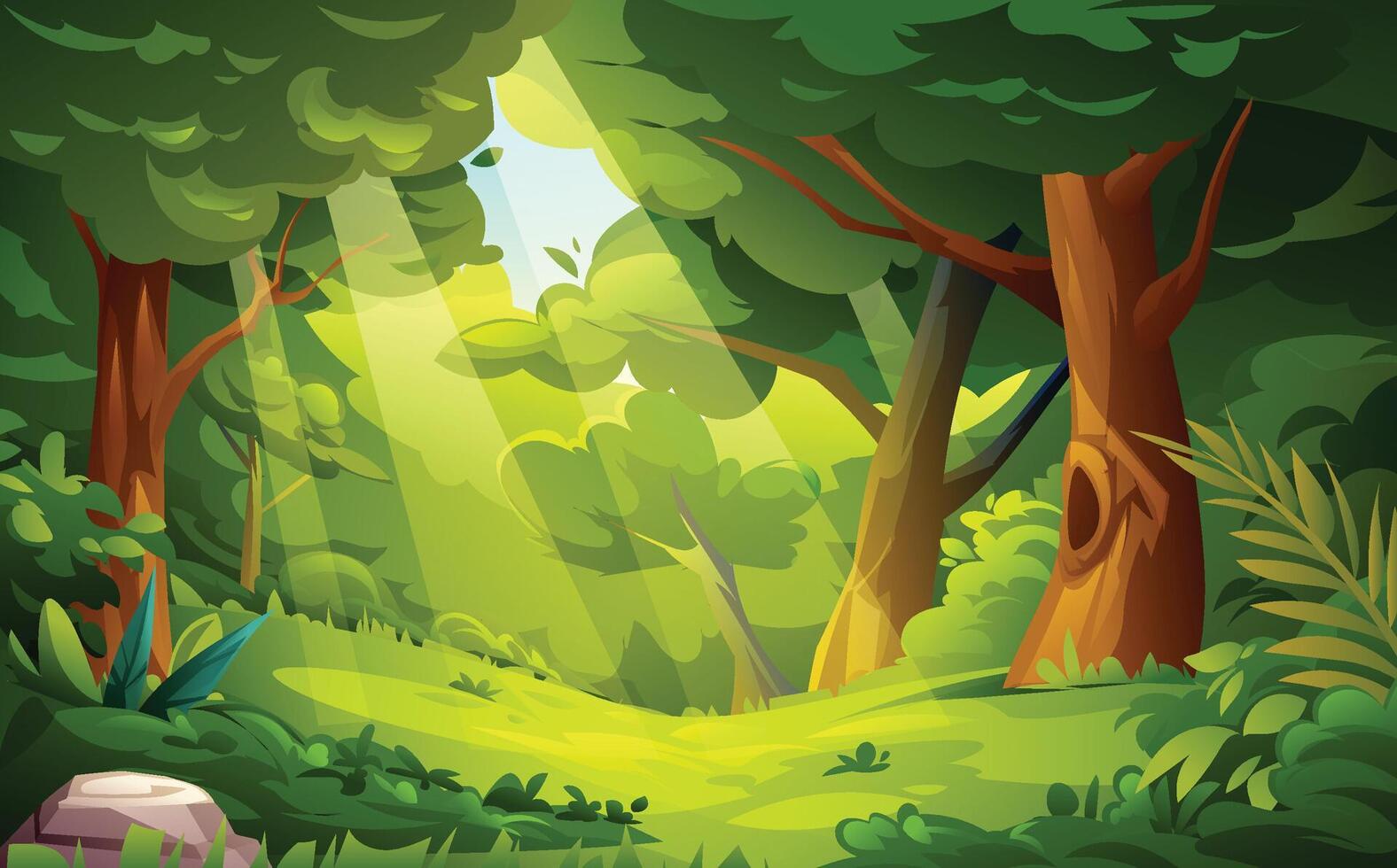 Forest scene with sun rays shining through the trees, casting a peaceful glow. Cartoon landscape illustration vector