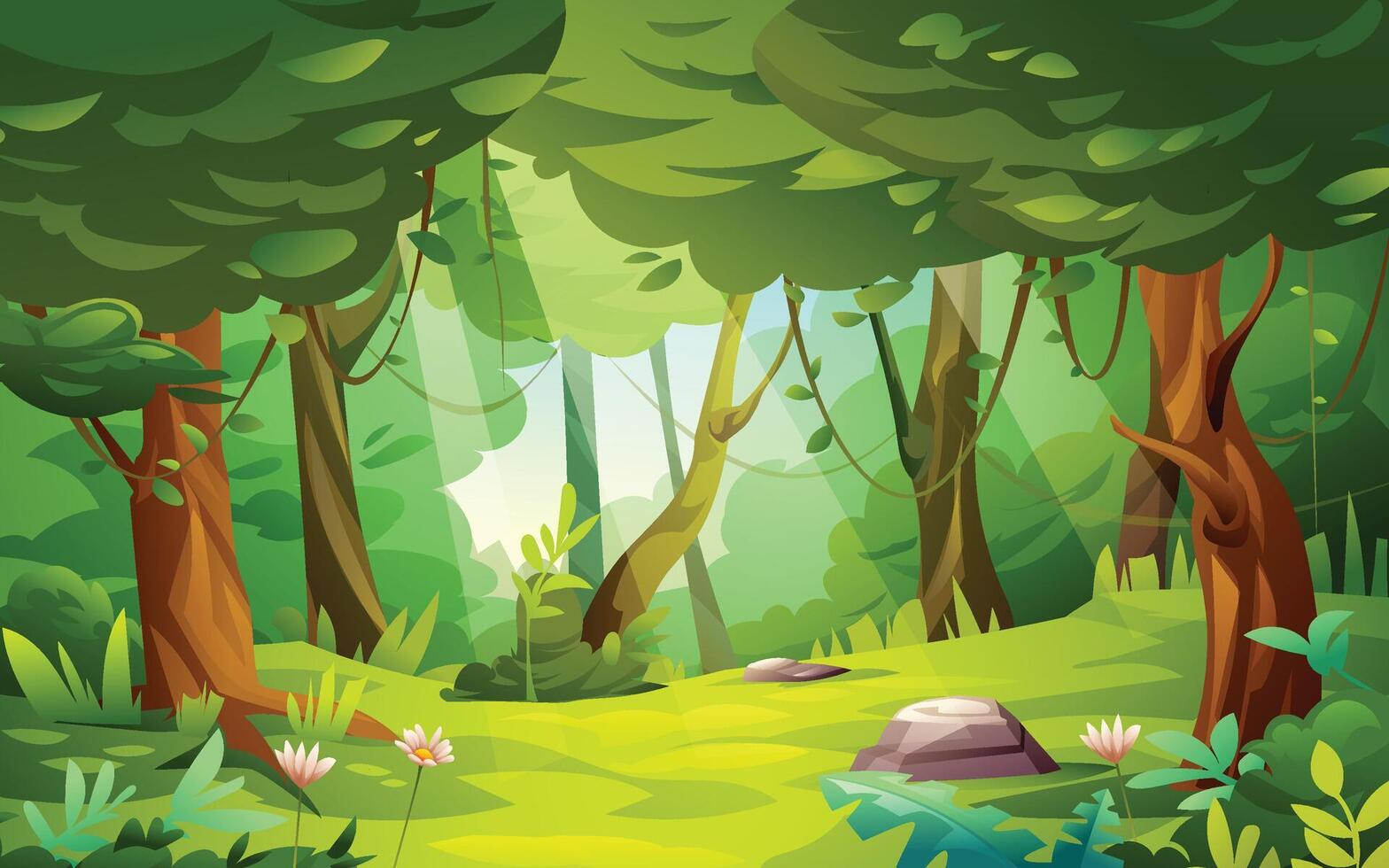 Jungle forest with foliage, trees, and bright sunlight filtering through the leaves. Cartoon landscape illustration vector