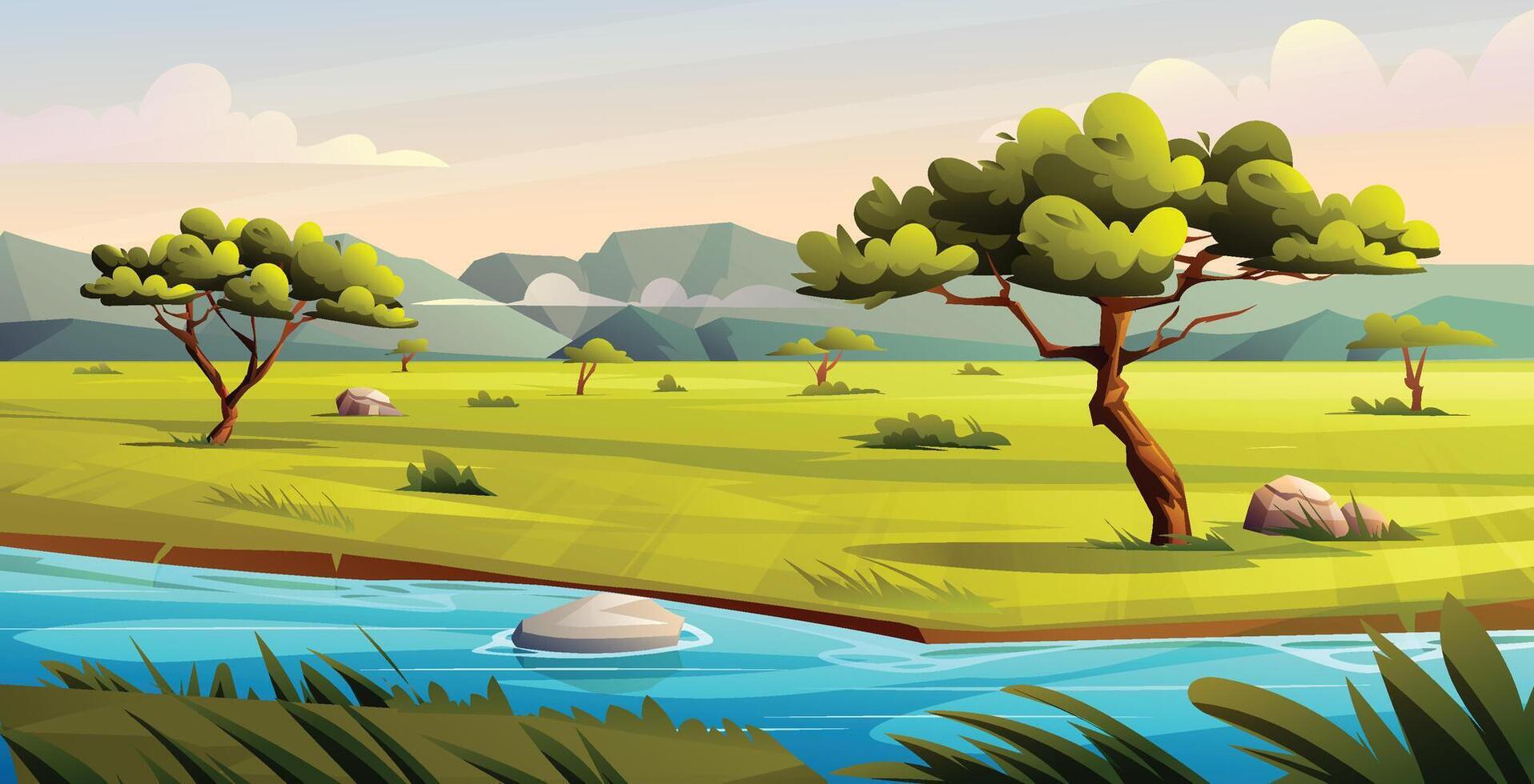 Savanna landscape with trees and a river flowing through the plains. illustration vector