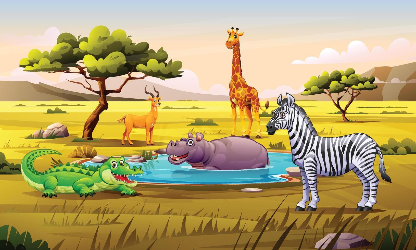A zebra, giraffe, hippopotamus, crocodile, and antelope in a savanna with trees and a watering hole. Cartoon illustration vector
