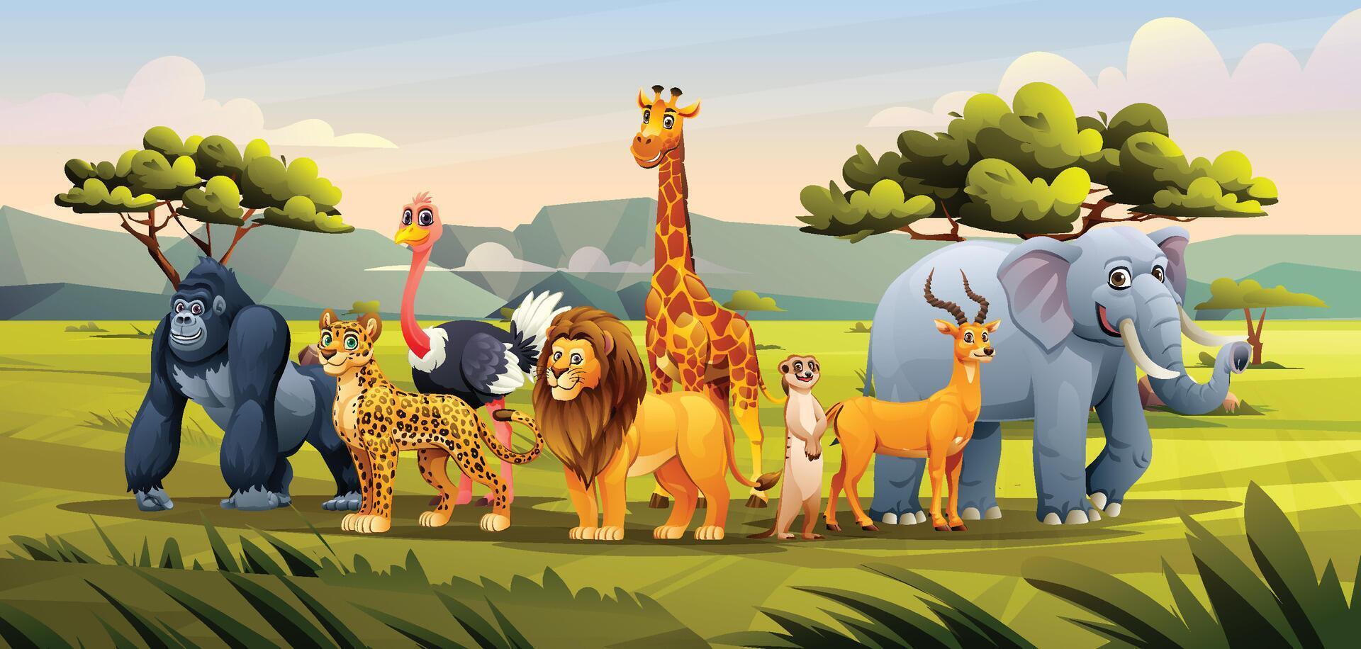 A group of animals including a lion, zebra, giraffe, elephant, and gorilla in a savanna landscape with trees and mountains. Cartoon illustration vector