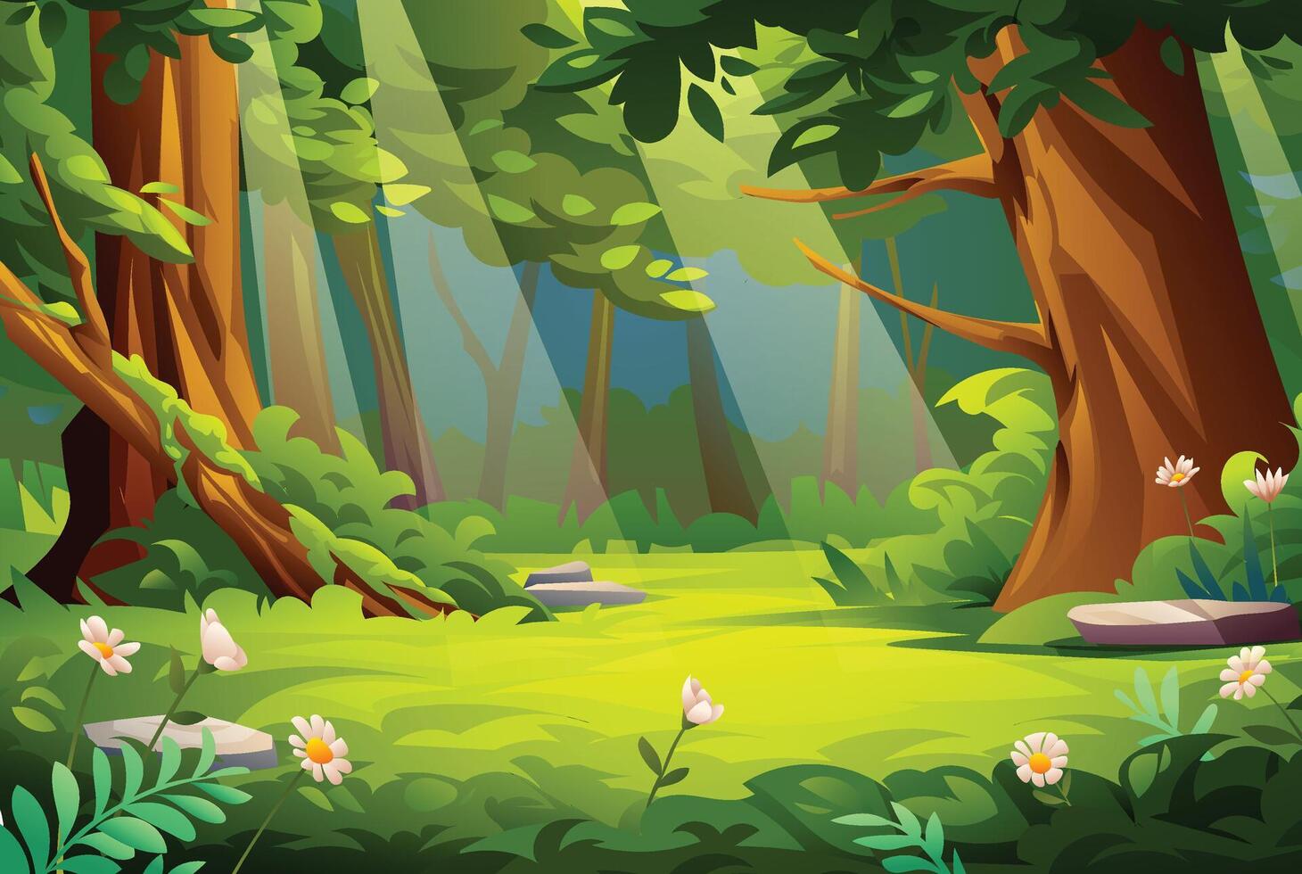 Serene forest scene with a peaceful atmosphere, trees, and soft light rays shining through the leaves. Cartoon landscape illustration vector