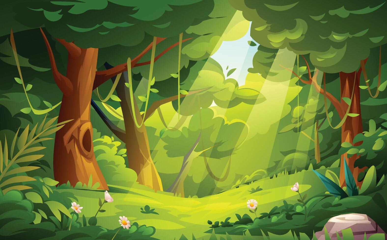 Jungle forest scene with sun rays shining through the trees, casting a peaceful glow. Cartoon landscape illustration vector