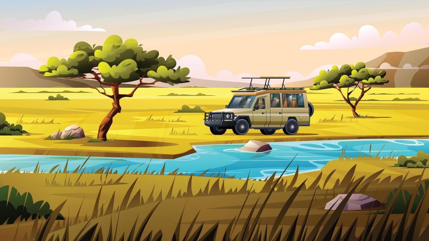 Safari vehicle parked by a riverbank with a savanna landscape in the background. Cartoon illustration vector