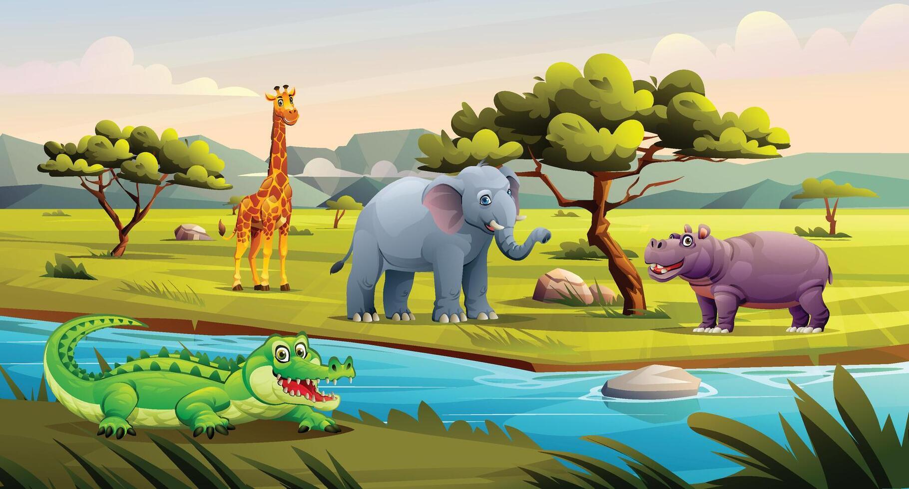 An elephant, giraffe, hippo, and crocodile in a grassy savanna landscape near a river. Cartoon illustration vector