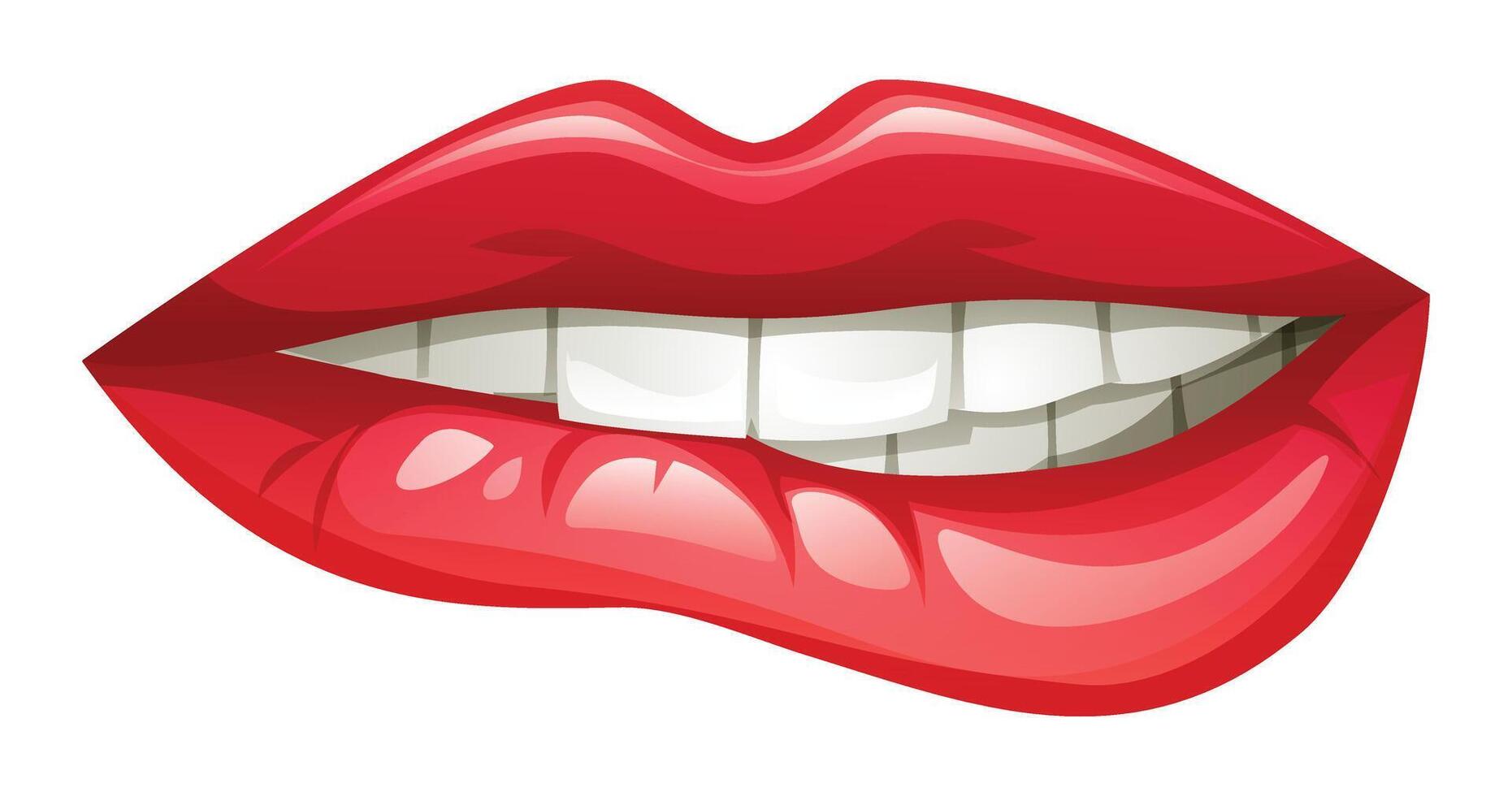 Close up of red lips with white teeth biting the lower lip, expressing a playful mood. Cartoon illustration vector