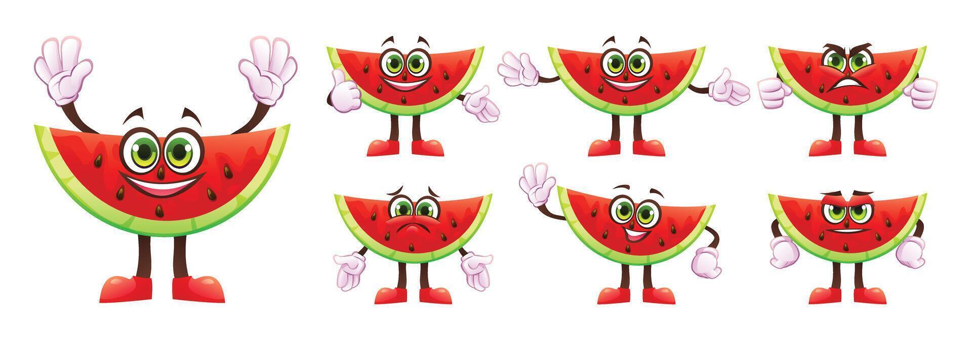 Set of cartoon watermelon slice characters showing different facial expressions and hand gestures. Illustration vector