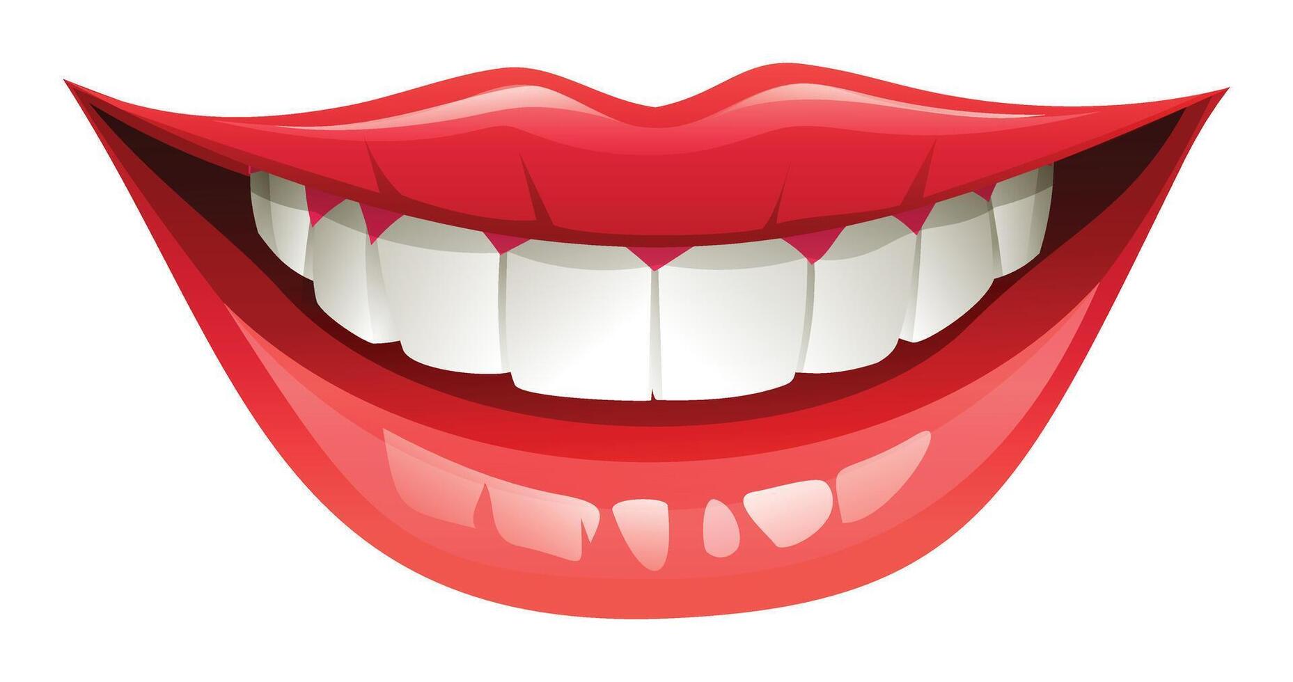 Smiling mouth with white teeth and red lips, close up. Cartoon illustration vector